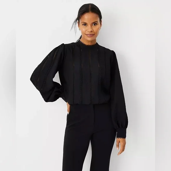 Ann Taylor Tall Eyelet Pintucked Blouse Black Size Small Tall - Picture 2 of 13